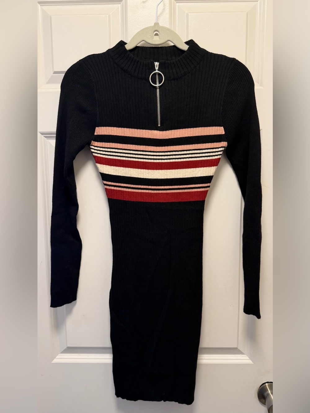 Ribbed Knit Long Sleeve Bodycon Dress with Striped Chest